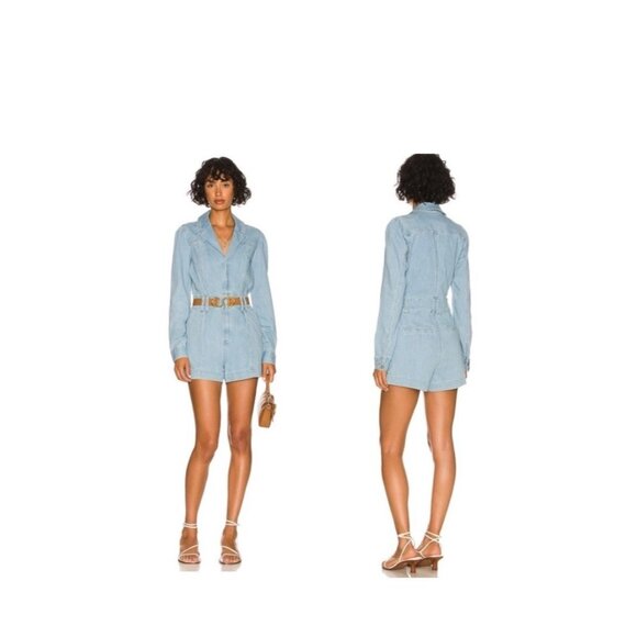 PAIGE Women's Meg Long Sleeve Romper Songbird NWT Denim Jumpsuit Shorts 2 A1 - Picture 2 of 15